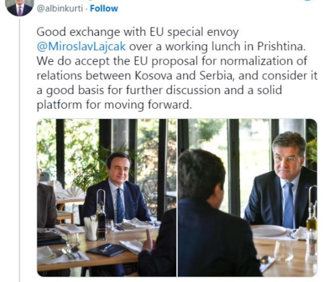  Курти по средбата со Лајчак: Го прифаќаме предлогот на ЕУ за дијалог меѓу Белград и Приштина