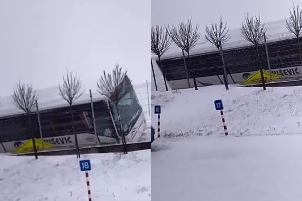  СЕ ПРЕВРТИ АВТОБУС ВО СРБИЈА – внатре имало 18 патници, се лизгал по снегот, па завршил во канал (ВИДЕО)
